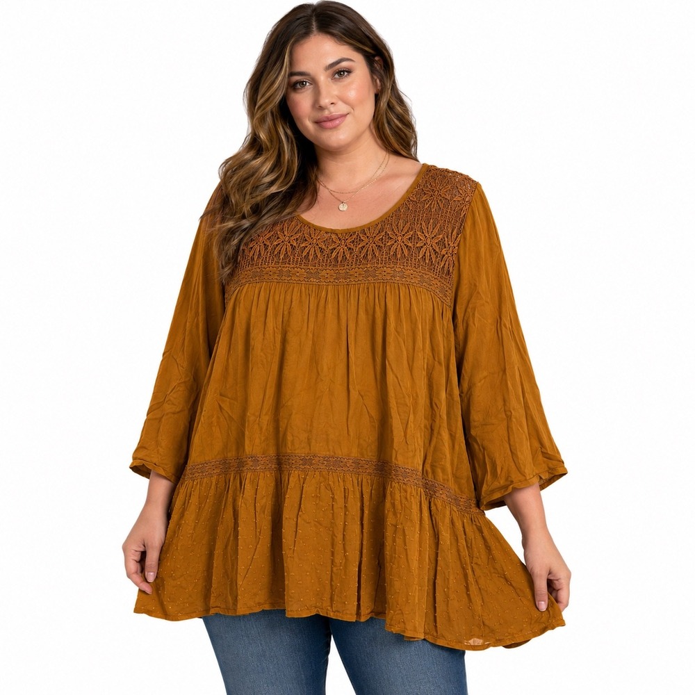 NEW ModCloth Mustard Yellow Lace Yoke Swiss Dot Tiered Tunic Top 3X MDT1146